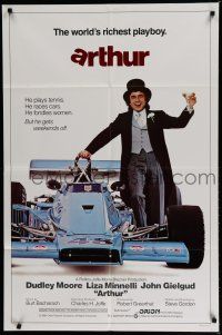 8e051 ARTHUR int'l 1sh '81 different image of drunk Dudley Moore by F1 race car!