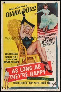 8e052 AS LONG AS THEY'RE HAPPY 1sh '57 sexy Diana Dors barely dressed in wicker chair!