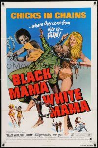 8e097 BLACK MAMA WHITE MAMA 1sh '72 classic wacky sexy art of two barely dressed chicks w/chains!
