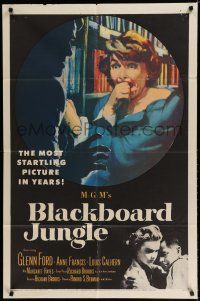 8e099 BLACKBOARD JUNGLE 1sh '55 Richard Brooks classic, art of terrified Margaret Hayes attacked!