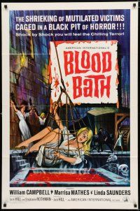 8e103 BLOOD BATH 1sh '66 cool artwork of sexy babe being lowered into a pit of horror!