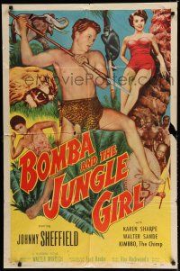 8e109 BOMBA & THE JUNGLE GIRL 1sh '53 great c/u of Johnny Sheffield with spear & sexy Karen Sharpe!