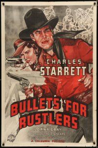 8e128 BULLETS FOR RUSTLERS 1sh '40 artwork of cowboy Charles Starrett, pretty Lorna Gray!