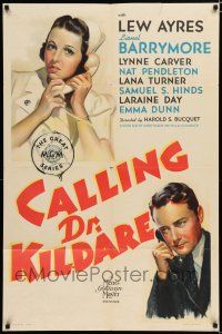 8e138 CALLING DR. KILDARE 1sh '39 artwork of Lew Ayres talking to nurse Laraine Day on phone!
