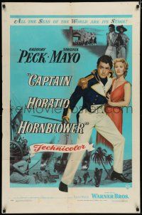 8e141 CAPTAIN HORATIO HORNBLOWER 1sh '51 Gregory Peck with sword & pretty Virginia Mayo!