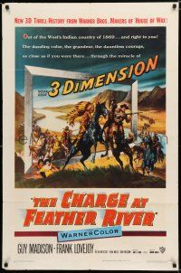 8e149 CHARGE AT FEATHER RIVER 1sh '53 great 3-D artwork of Guy Madison fighting Native Americans!