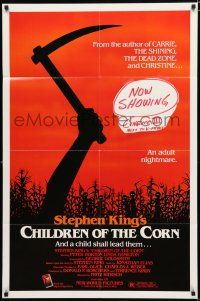 8e152 CHILDREN OF THE CORN 1sh '84 Stephen King horror, an adult nightmare, cool sickle image!