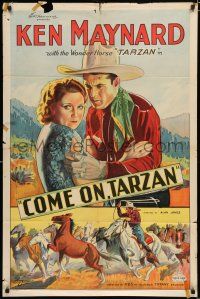 8e162 COME ON, TARZAN 1sh '32 cool artwork of cowboy Ken Maynard, Merna Kennedy & horses!