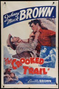 8e175 CROOKED TRAIL 1sh R40s cool western art of Johnny Mack Brown fighting John Merton!