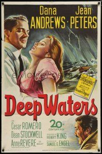 8e212 DEEP WATERS 1sh '48 artwork of Dana Andrews holding sexy Jean Peters!