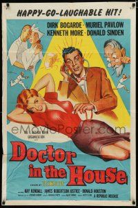 8e231 DOCTOR IN THE HOUSE 1sh '55 great art of Dr. Dirk Bogarde examining sexy Muriel Pavlow!