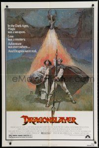 8e248 DRAGONSLAYER 1sh '81 cool Jeff Jones fantasy artwork of Peter MacNicol w/spear & dragon!