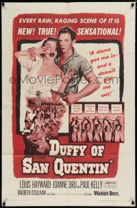 8e252 DUFFY OF SAN QUENTIN 1sh '54 Louis Hayward holds sexy nurse hostage, prison escape artwork!