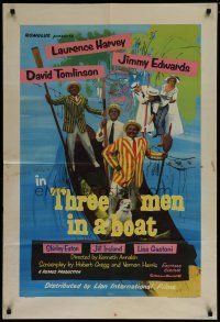 8e874 THREE MEN IN A BOAT English 1sh '56 wacky art of Laurence Harvey & co-stars on gondola!