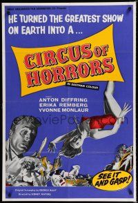 8e154 CIRCUS OF HORRORS English 1sh '60 outrageous horror art of sexy trapeze girl hanging by neck!
