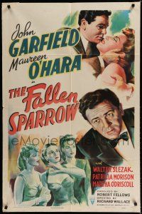 8e282 FALLEN SPARROW style A 1sh '43 great romantic artwork of John Garfield & sexy Maureen O'Hara!