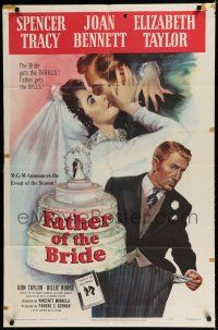 8e290 FATHER OF THE BRIDE 1sh '50 art of Liz Taylor in wedding gown & broke Spencer Tracy!