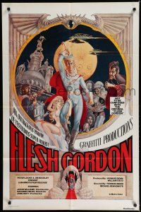 8e307 FLESH GORDON 1sh '74 sexy sci-fi spoof, wacky erotic super hero art by George Barr!