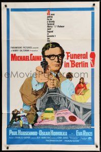 8e336 FUNERAL IN BERLIN 1sh '67 cool art of Michael Caine pointing gun, directed by Guy Hamilton!