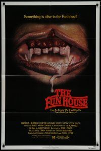 8e338 FUNHOUSE 1sh '81 Tobe Hooper, creepy close up of drooling mouth with nasty teeth!