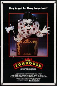 8e337 FUNHOUSE 1sh '81 Tobe Hooper, creepy carnival clown jack-in-the-box with axe horror image!
