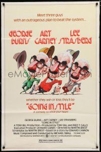 8e363 GOING IN STYLE 1sh '79 wacky art of George Burns, Art Carney & Lee Strasberg!