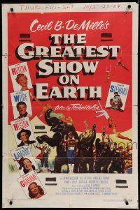 8e378 GREATEST SHOW ON EARTH 1sh '52 Cecil B. DeMille circus classic,Charlton Heston, Stewart!