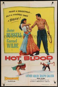 8e431 HOT BLOOD 1sh '56 barechested Cornel Wilde grabbing Jane Russell, Nicholas Ray!