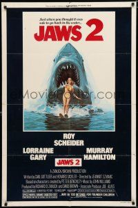 8e465 JAWS 2 1sh '78 art of giant shark attacking girl on water skis by Lou Feck!