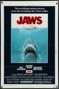 8e463 JAWS 1sh '75 Steven Spielberg classic man-eating shark attacking sexy swimmer!