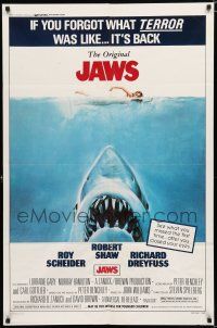 8e464 JAWS 1sh R79 art of Steven Spielberg's classic man-eating shark attacking sexy swimmer!