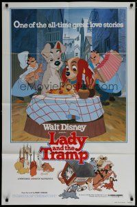 8e488 LADY & THE TRAMP 1sh R80 most romantic spaghetti scene from Disney dog classic!