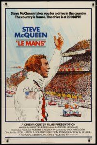 8e499 LE MANS 1sh '71 great Tom Jung artwork of race car driver Steve McQueen waving at fans!