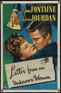 8e504 LETTER FROM AN UNKNOWN WOMAN 1sh '48 romantic close up art of Joan Fontaine & Louis Jourdan!