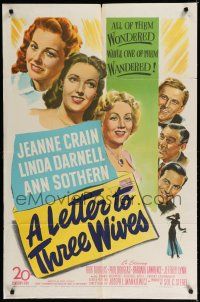 8e505 LETTER TO THREE WIVES 1sh '49 Jeanne Crain, Linda Darnell, Ann Sothern, young Kirk Douglas!
