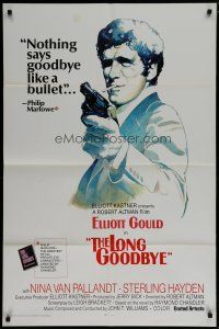 8e521 LONG GOODBYE int'l 1sh '73 artwork of Elliott Gould as Philip Marlowe with gun by Vic Fair!