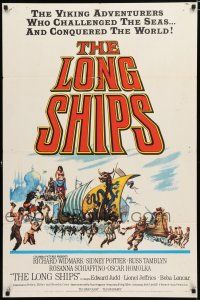 8e523 LONG SHIPS 1sh '64 Richard Widmark, Sidney Poitier, cool art of the Mighty Vikings!