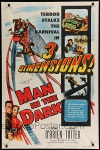 8e545 MAN IN THE DARK 1sh '53 really cool 3-D art of men fighting on rollercoaster!