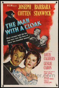 8e550 MAN WITH A CLOAK 1sh '51 what strange hold did he have over Barbara Stanwyck & Joseph Cotten