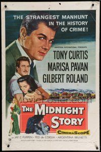 8e570 MIDNIGHT STORY 1sh '57 Tony Curtis in the strangest San Francisco manhunt in crime's history!