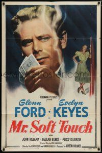 8e593 MR. SOFT TOUCH 1sh '49 gambler Glenn Ford studies his poker hand, sexy Evelyn Keyes!