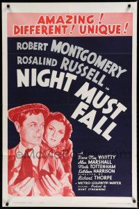 8e612 NIGHT MUST FALL 1sh R62 killer Robert Montgomery keeps his victim's head in a hatbox!