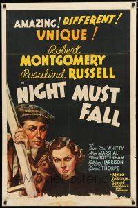8e613 NIGHT MUST FALL style C 1sh '37 killer Robert Montgomery keeps his victim's head in a hatbox!
