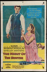 8e615 NIGHT OF THE HUNTER 1sh '55 Robert Mitchum standing over Shelley Winters!