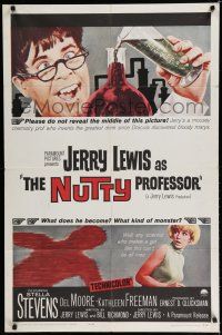 8e629 NUTTY PROFESSOR 1sh '63 wacky Jerry Lewis directs & stars w/pretty Stella Stevens!