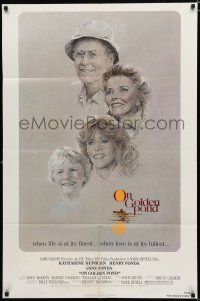 8e638 ON GOLDEN POND 1sh '81 art of Hepburn, Henry Fonda, and Jane Fonda by C.D. de Mar!