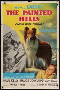 8e652 PAINTED HILLS 1sh '51 wonderful painted artwork of Lassie, saving man falling from cliff!