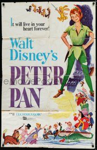 8e663 PETER PAN 1sh R58 Walt Disney animated cartoon fantasy classic, great full-length art!