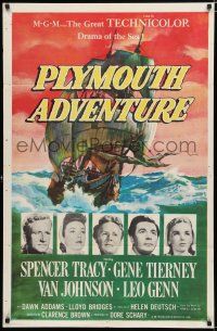 8e673 PLYMOUTH ADVENTURE 1sh '52 Spencer Tracy, Gene Tierney, cool art of ship at sea!