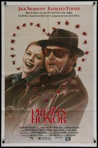 8e686 PRIZZI'S HONOR 1sh '85 cool art of smoking Jack Nicholson & Kathleen Turner w/bullet holes!